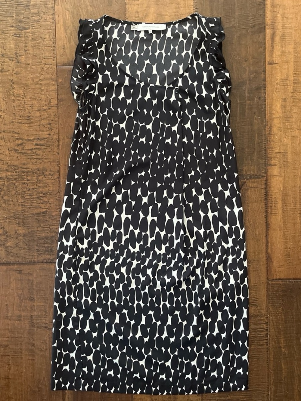 Gerard Darel Paris abstract oval spotted ruffle sleeve midi sheath dress